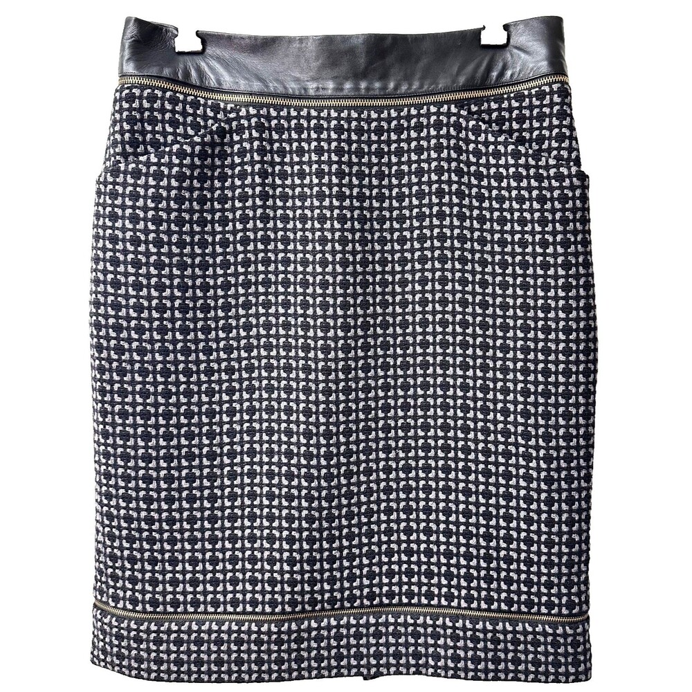 Etcetera Women's Gray Black Tweed Leather Trim Below Knee Pencil Skirt Sz M